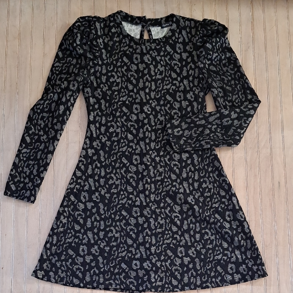 Crystal Doll Animal Print Puff Sleeves Stretch Dressy Fit & Flare A-line Dress